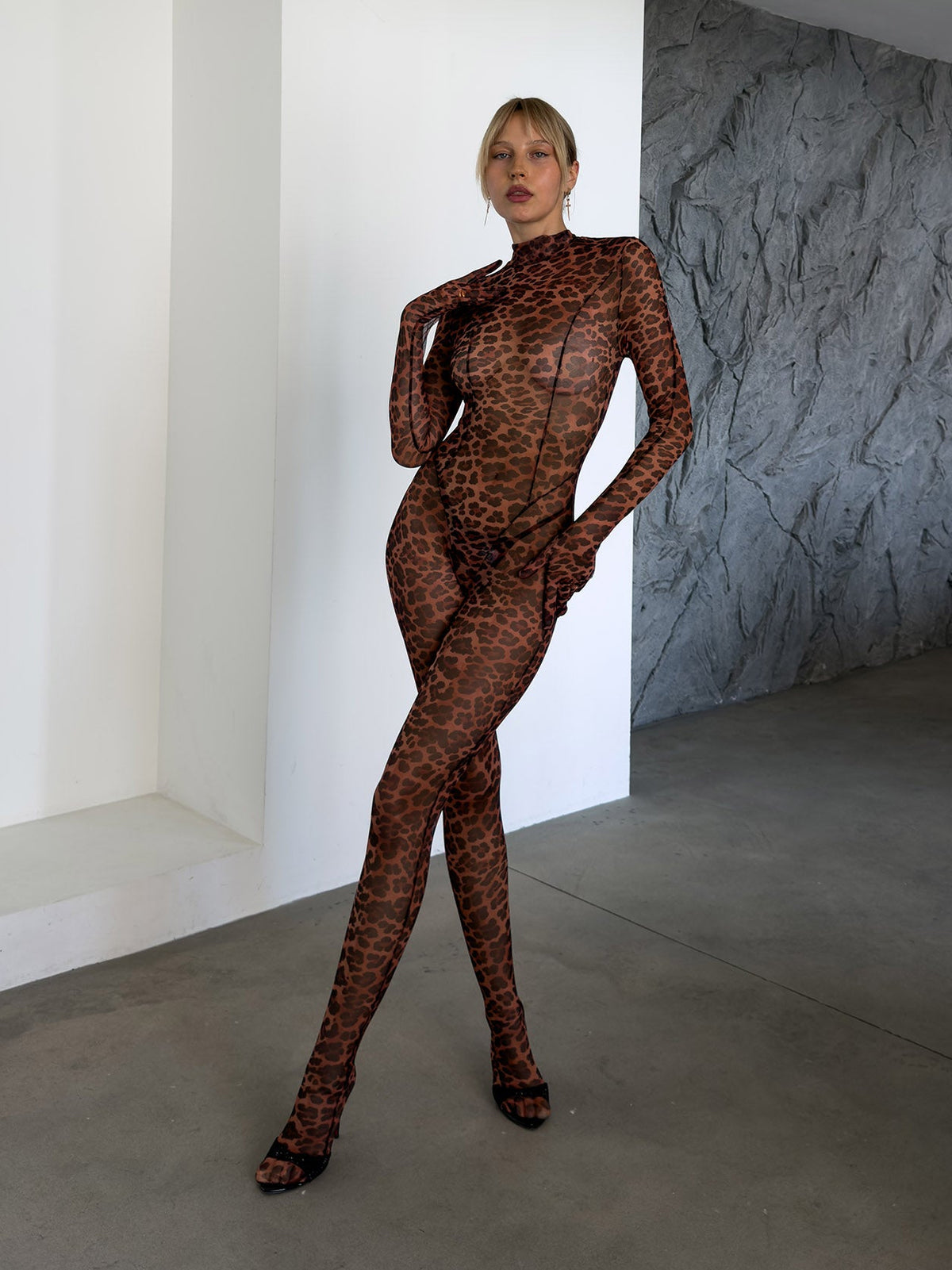 Gia Wild sheer leopard print mesh catsuit