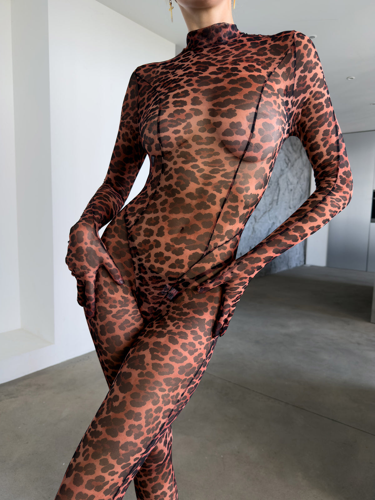 Gia Wild sheer leopard print mesh catsuit