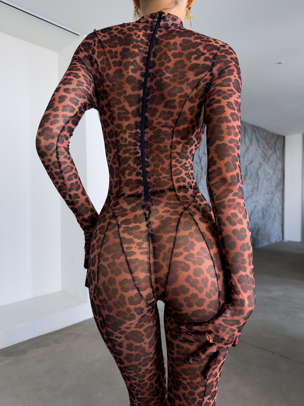 Gia Wild sheer leopard print mesh catsuit