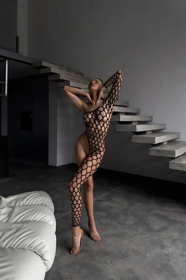 Eclipse black asymmetric cutout body stocking with crystal details
